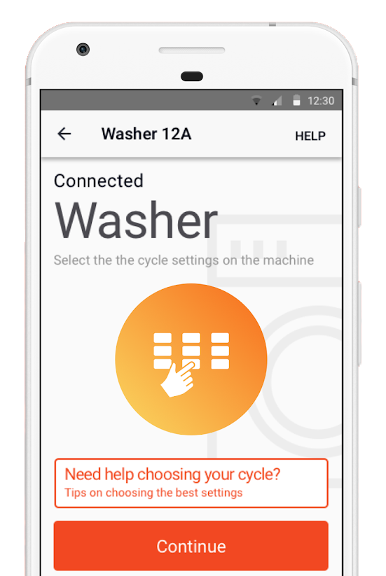 SpeedQueen app screenshot showing a live washing cycle at Coast Laundromat Whangaparaoa